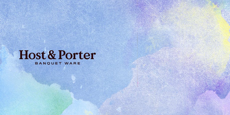 Blue and purple background with black Host & Porter Banquet Ware logo Blue and purple background with black Host & Porter Banquet Ware logo